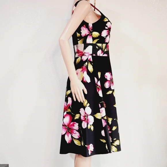 Donna Ricco Black Tropical Floral Hibiscus Print Sleeveless Sundress - Picture 10 of 11